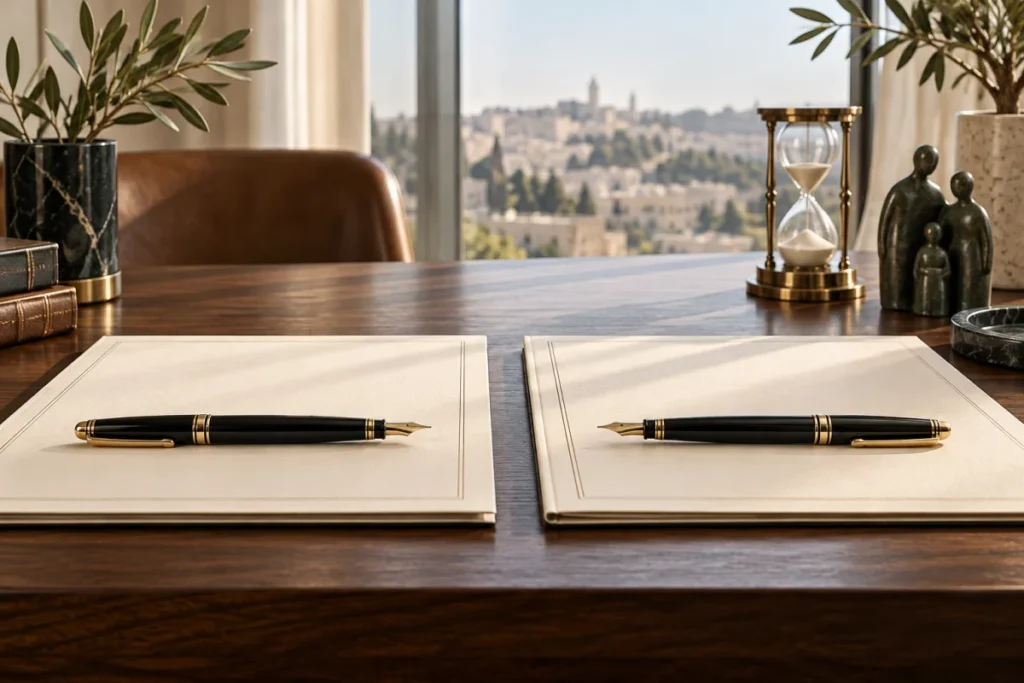 שני עטים ושני תיקי מסמכים — איור לצוואות הדדיות