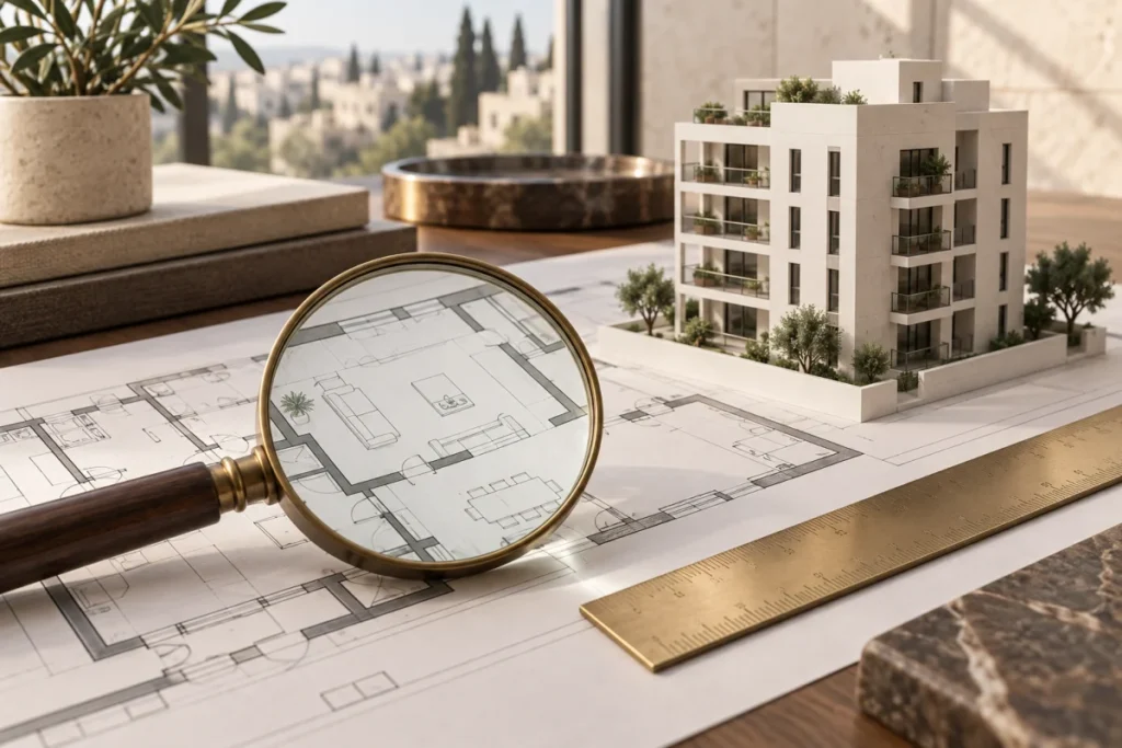 איור של בדיקת תוכניות ומודל נכס בזכוכית מגדלת